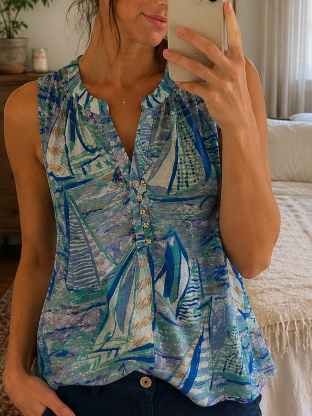 Lilly Pulitzer Essie Tank Top XS Aboat Time Blue‎ Sailboat Print Nautical Resort
